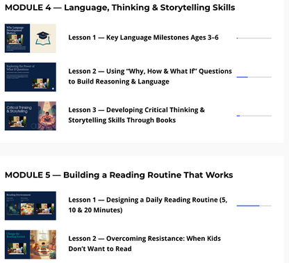 Educational module for parents with lessons to help kids learn language, thinking, and emotional skills.